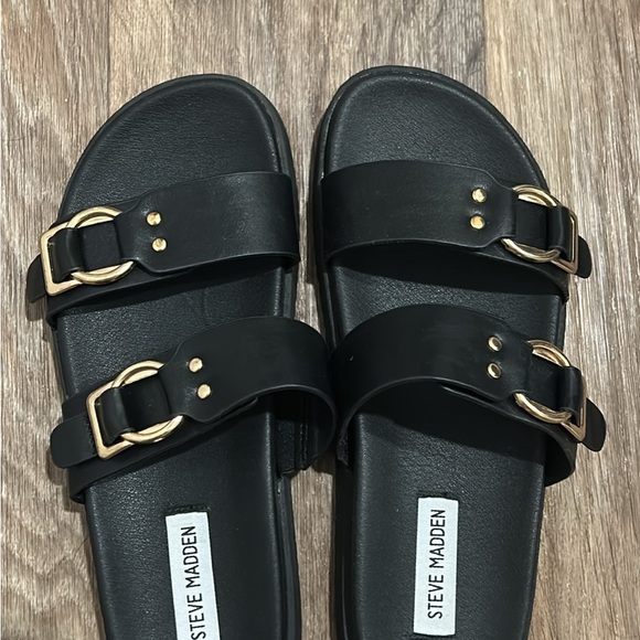 Steve Madden Black Sandals with Gold Buckles - Picture 1 of 3